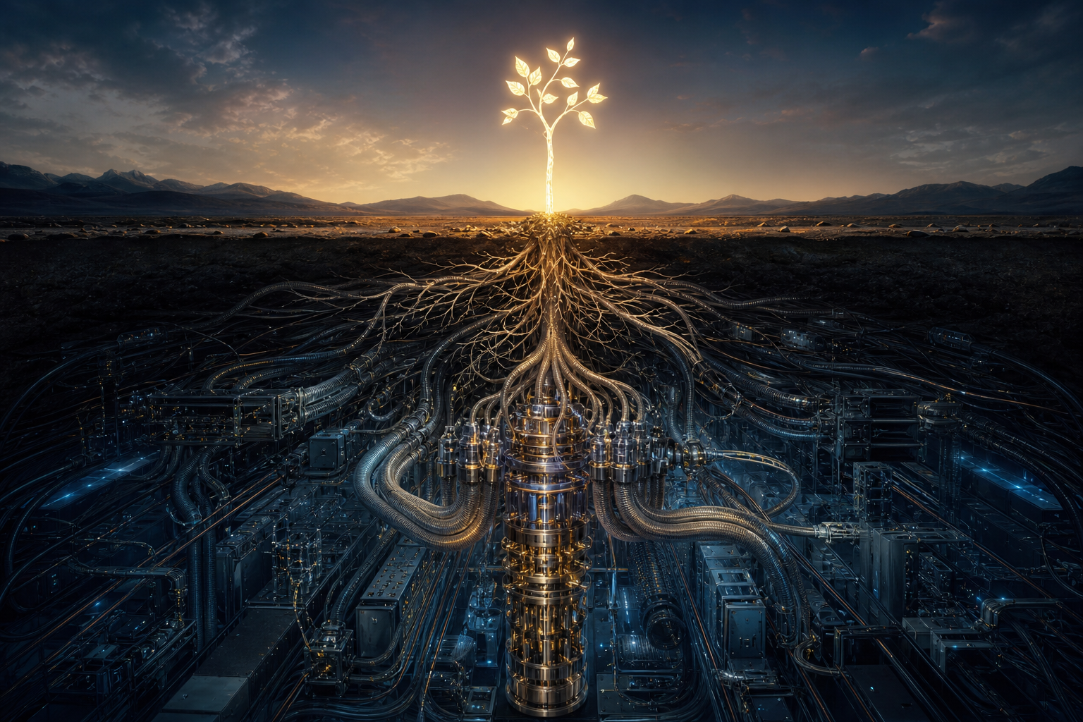 A small luminous tree above a vast underground root system that transforms into cryogenic and control machinery.
